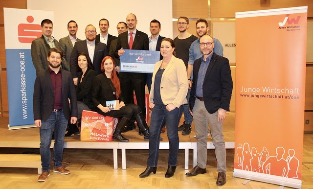 Das Team der Jungen Wirtschaft Wels bei der Jahresauftaktveranstaltung 2019 mit Thomas Brindl (WKO), Franz Scheibmair und Marc Thellmann (Sparkasse Wels), Gerold Weisz (FH OÖ) und David Lugmayr (easygoinc).