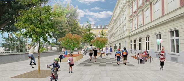 Verkehrsberuhigt und grün: So könnte der Vorplatz der Volksschule Waltergasse nach der Umgestaltung aussehen.