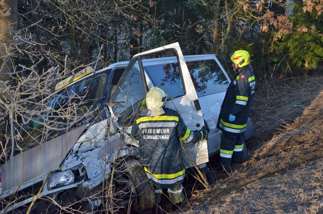 Ein Kindergartenbus wurde nach einem Frontalcrash in den Graben geschleudert. Glücklicherweise blieben die vier Kinder unverletzt. | Foto: © BFK Waidhofen a. d. Thaya / Stefan Mayer