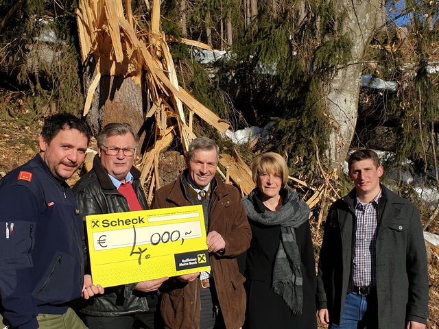 Mit Scheck: Mathias Themeßl, Monika Ploner, Bauernbundobm. J. Lugger, Bgm. J. Windbichler, FF-Kdt. Markus Lopez (v. r.) | Foto: Bauernbund