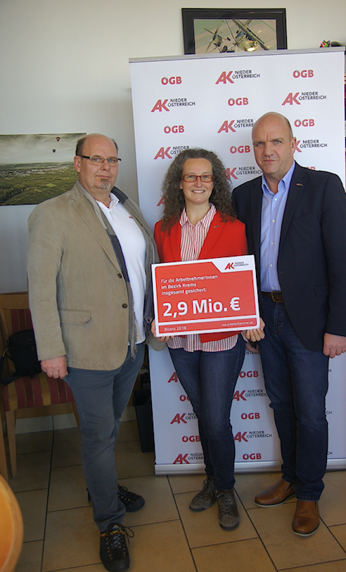 Betriebsrat Gerhard Fürnkranz, AK Bezirksstellenleiterin Doris Schartner, Arbeiterkammer-Präsident Markus Wieser