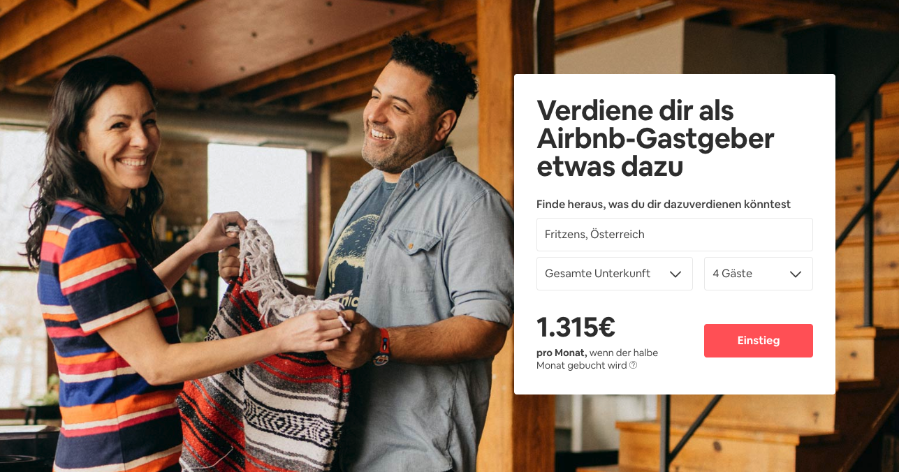 Airbnb bewirbt sein Angebot: Wenn eine Unterkunft für einen halben Monat gebucht wird, könnte man 1.315 Euro verdienen.
