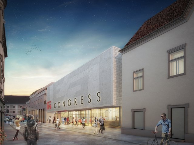 Rendering zum Neubau des Kongress- und Veranstaltungszentrums Leoben – Sicht aus der Josef-Graf-Gasse in Richtung Langgasse. | Foto: Eder/eep architekten ZT GmbH