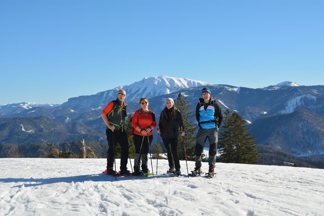 Schneeschuh-Wanderung mit Regionauten:Manuela Majer (2.v.r.) aus Wolfpassing und Franz Sturmlechner aus Oberndorf an der Melk trafen am Gipfel des Runzelbergs in Reinsberg auf Karl (l.) und Karin Scharner (2.v.l.) aus Wieselburg, wo man den herrlichen Ötscherblick genoss.  | Foto: Roland Mayr