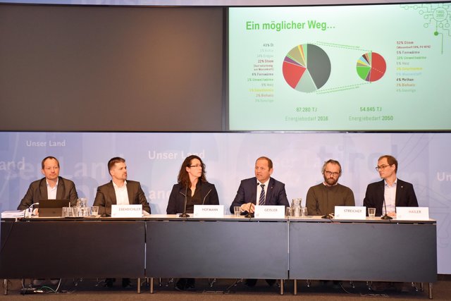 Der Weg in die erneuerbare Energiezukunft führt über Energiesparen und die Umstellung des Energiesystems auf heimische, erneuerbare Energieträger. Andreas Hertl und Rupert Ebenbichler (Wasser Tirol), Angela Hofmann (MCI), LHStv Josef Geisler, Wolfgang Streicher und Markus Mailer (Universität Innsbruck).