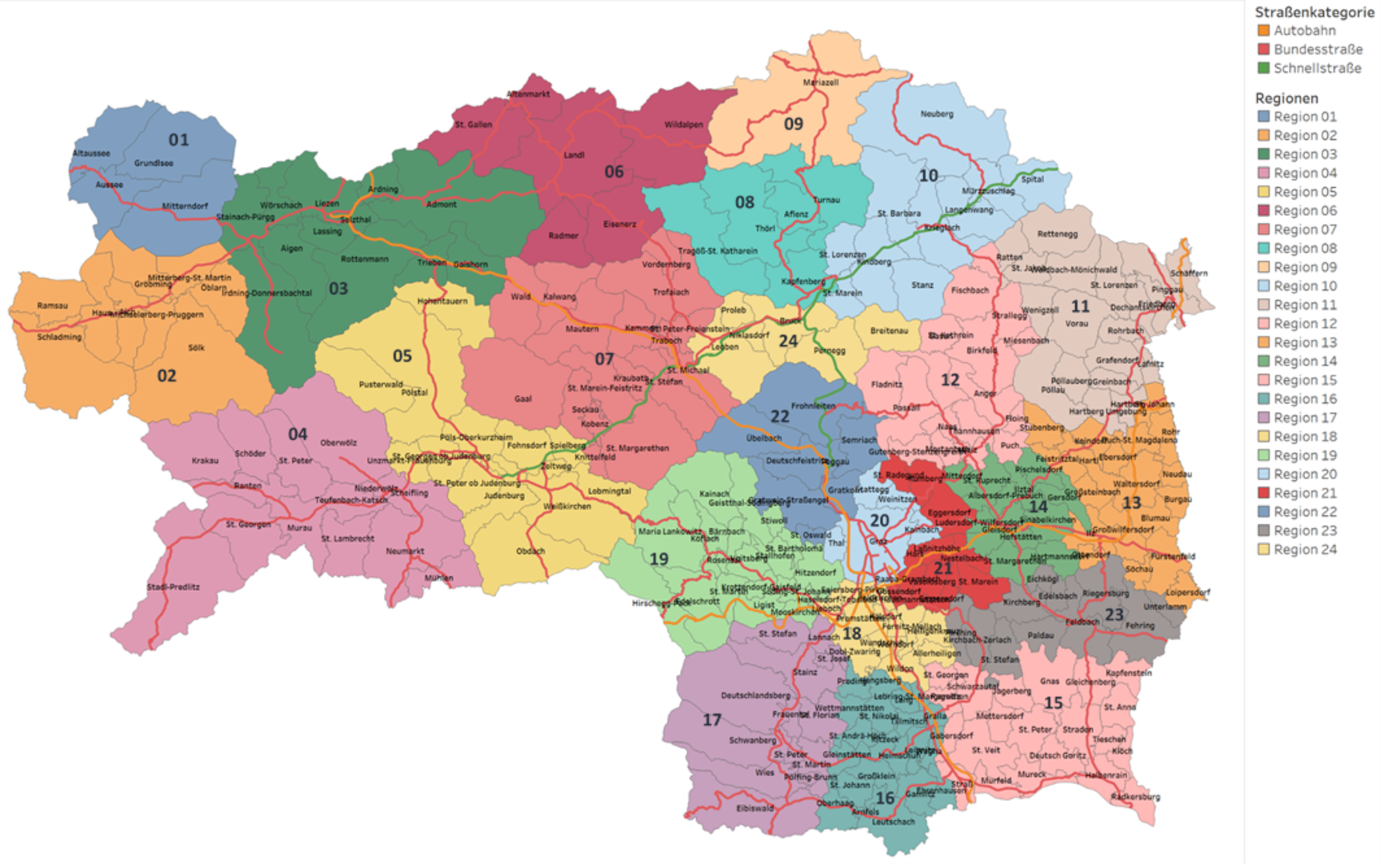 24 Regionen regeln den neuen Bereitschaftsdienst in der Steiermark: der Bezirk Hartberg-Fürstenfeld wird in die Regionen "11" (Altbezirk Hartberg) und "13" (Altbezirk Fürstenfeld) aufgeteilt.