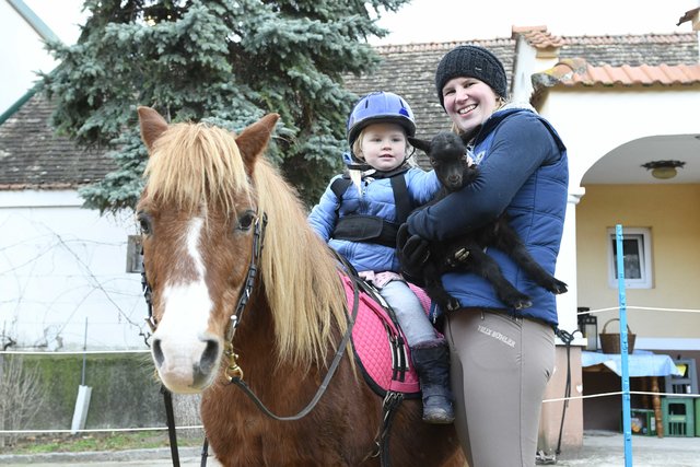 Anna Perlaki mit Tochter Pia Perlaki auf Pony Jonny und Ziegenbaby Dunkelbunt | Foto: Stefan Pollin