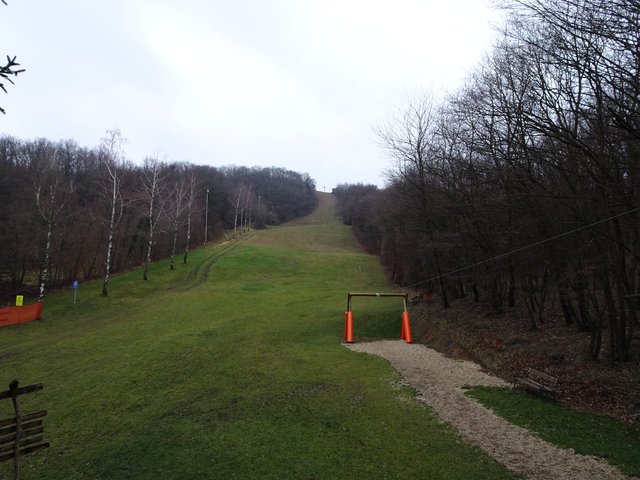 Blick über die Schiwiese zum Gipfelkreuz des Scheiterbergs.