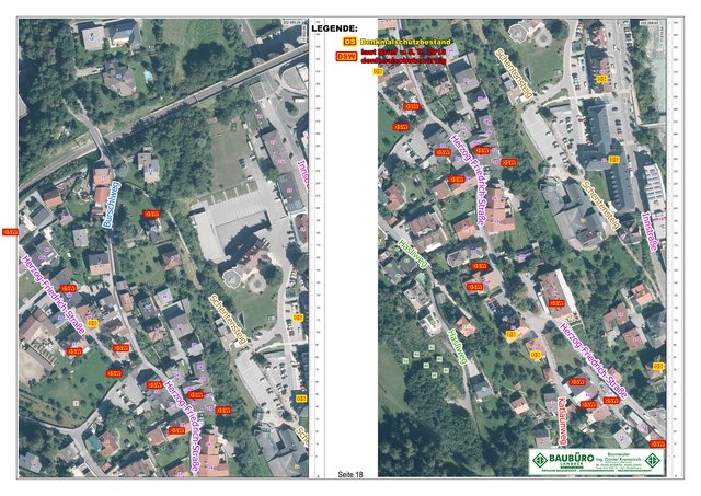 Bild 92: In diesen Luftbildaufnahmen von Tiris sind 
jene Objekte ersichtlich gemacht, welche bereits unter Denkmalschutz (DS) stehen und solche welche nach Ansicht des Denkmalamtes schutzwürdig wären (DSW). | Foto: © Copyright Ing. Günter Kramarcsik für eigene Bearbeitung. Lageplan von Tiris übernommen.