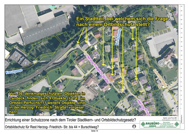 Bild 47: Der nördliche Teil von Perfuchs ab dem Dorfplatz bis zur Arlberg- Eisenbahntrasse mit der Herzog- Friedrich- Straße und dem davon östlich gelegenen Burschlweg welcher über die Bahntrasse zur Burschlkirche und hinunter auf die Bundesstraße führt.  | Foto: © Copyright Ing. Günter Kramarcsik für eigene Bearbeitung. Luftbild von Tiris übernommen.