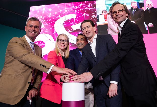 Norbert Hofer, Bundesminister für Verkehr, Innovation und Technologie - Margarete Schramböck, Digital- und Wirtschaftsministerin - Srini Gopalan, Vorstandsmitglied Deutsche Telekom AG - Bundeskanzler Sebastian Kurz - Andreas Bierwirth, CEO T-Mobile Austria | Foto: T-Mobile/Marlena König