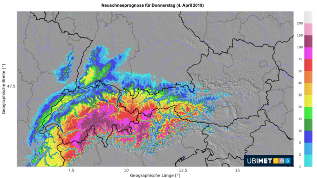Ubimet – Wettermodell UCM mit dem prognostizierten Neuschnee am Donnerstag sowie der Temperaturen am Donnerstagnachmittag.
