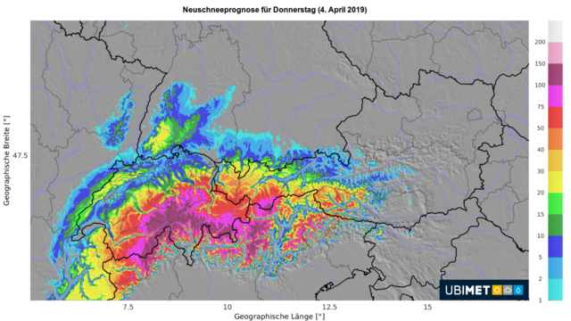 Ubimet – Wettermodell UCM mit dem prognostizierten Neuschnee am Donnerstag sowie der Temperaturen am Donnerstagnachmittag. | Foto: Ubimet