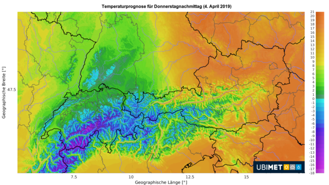 Ubimet – Wettermodell UCM mit dem prognostizierten Neuschnee am Donnerstag sowie der Temperaturen am Donnerstagnachmittag.