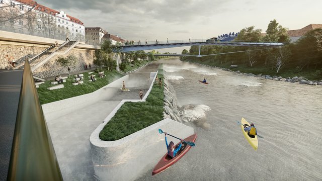 Surfen und in der Arena zuschauen: Die Kajak-Welle im Zentrum von Graz | Foto: Kratzer &amp; Partner ZT GmbH