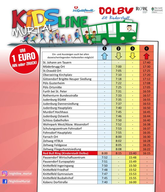 Der Fahrplan der Kidsline Murtal.