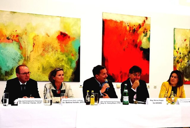Die Teilnehmer der Podiumsdiskussion diskutierten über die Zukunft der Europäischen Union in Markt Hartmannsdorf. | Foto: Georg Mayer/FPÖ Steiermark