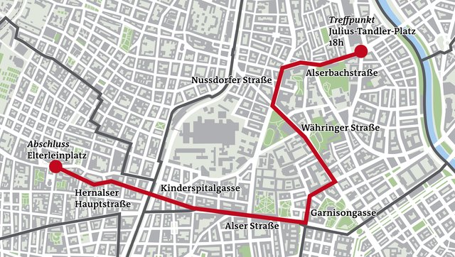 Die Grafik zeigt die Marschroute von heute. Ab 18 Uhr 30 geht es wieder los. | Foto: Foto: Piroutz