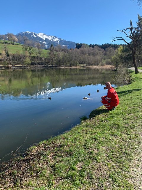Mit Brot wird die Ente ans Ufer gelockt.  | Foto: Wasserrettung Saalfelden