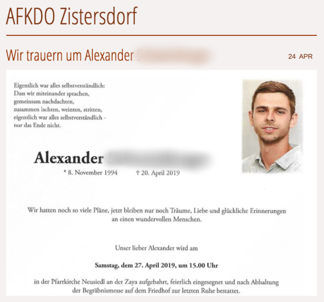 Das Abschnittsfeuerwehrkommando Zistersdorf trauert um seinen jungen Kameraden Alexander S.