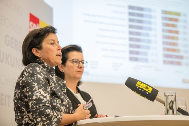 SPÖ-Landesparteivorsitzende Birgit Gerstorfer & SPÖ-Landesgeschäftsführerin Bettina Stadlbauer (v. l.).