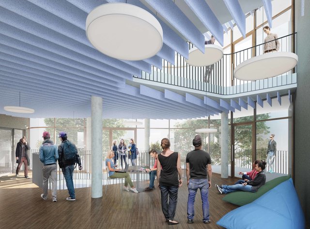 Im Schulzubau des Sperlgymnasiums werden acht Klassenzimmer, Bibliothek, Aufwärmküche und freie Lernzonen untergebracht. | Foto: Architekten ZT/Schneider