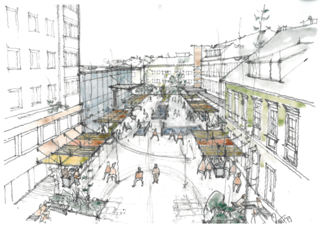 Eine Skizze zum neuen Marktkonzept, das die Einbeziehung des Kaiser-Josef-Platzes vorsieht. | Foto: Stadt Villach