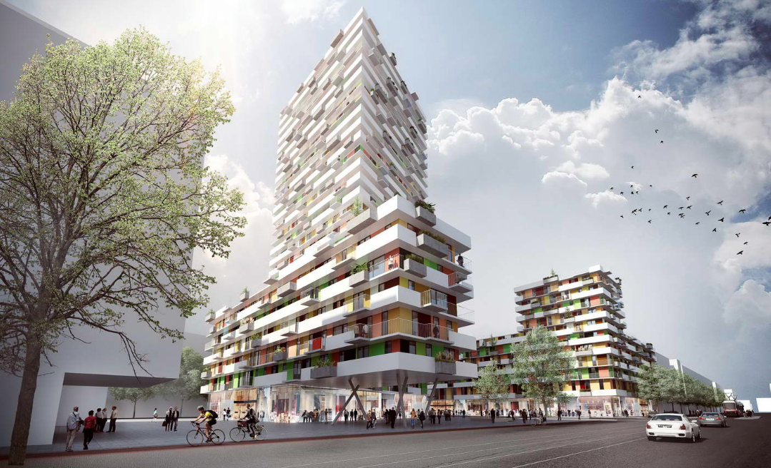 Tor zum Nordwestbahnhof-Viertel: In der Dresdnerstraße 84–90 entstehen ein Hochhaus und ein sechsgeschoßiges Wohnhaus.