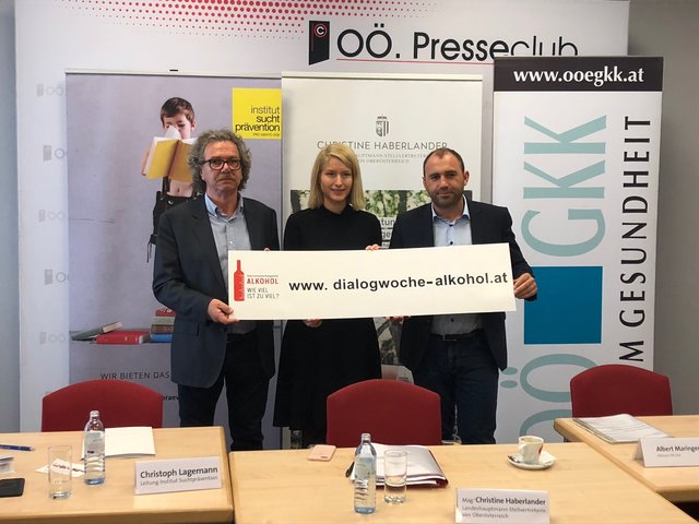 DSA Christoph Lagemann (Leiter Institut Suchtprävention, pro Mente OÖ), Mag.a Christine Haberlander (Landeshauptmann-Stellvertreterin OÖ) und Albert Maringer (Obmann OÖ GKK)