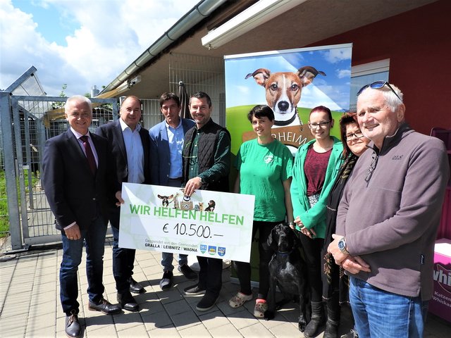V.l.: Die Bürgermeister Leitenberger, Isker und Stradner überreichen Tierschutzobmann Forstner und den MitarbeiterInnen den Spendenscheck für den Adamhof.