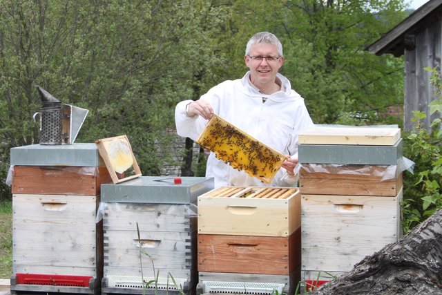 Imker Martin Maurer bei der Arbeit mit den Bienen.