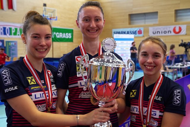 Karoline Mischek, Sofia Polcanova und Linda Bergström jubeln über den Meistertitel 2019 – für Froschberg bereits der fünfte Titel in Folge. | Foto: Tobias Ratz