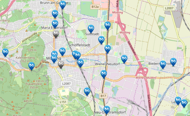 Dichtes Netz an nextbike-Stationen im Mödlinger Bezirk.