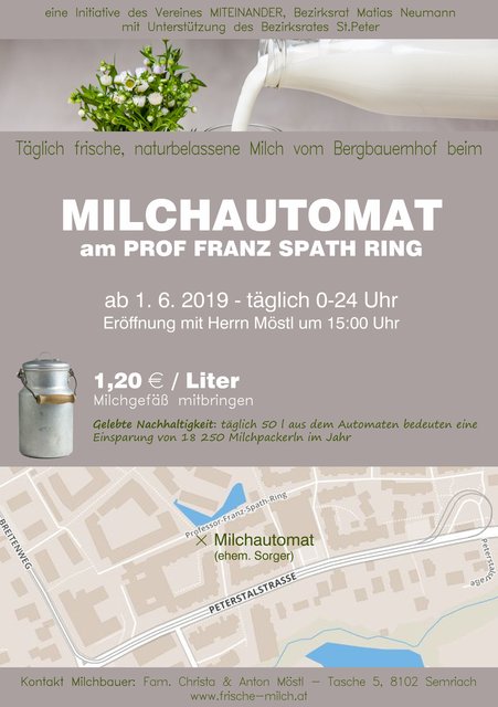 Ein neuer Milchautomat für St. Peter steht ab 1. Juni beim Professor-Franz-Spath-Ring zur Verfügung.