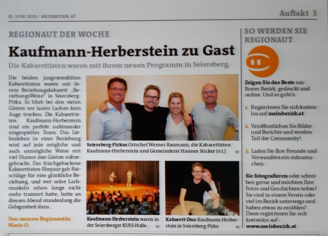 Herzlichen Dank, an die Redaktion der Woche Graz-Umgebung Süd für die Veröffendlichung von meinem Beitrag von dem Kabarett-Duo Kaufmann-Herberstein in der Printausgabe Nr. 23 am 5. Juni 2019