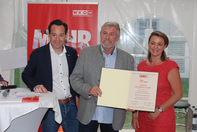 Der Vyborny IOmmobilien GesmbH wurde für 20 Jahre Mitgliedschaft in der Wirtschaftskammer Dank und Anerkennung ausgesprochen.