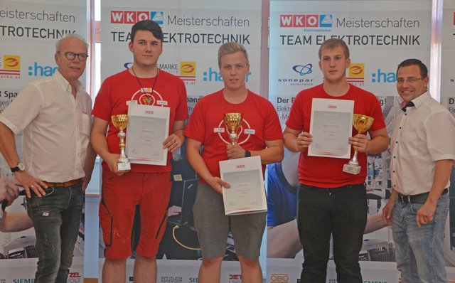 Landessieger Denis Ilyes (Mitte) mit Wirtschaftskammervertreter Franz Reichart, dem Drittplatzierten Alexander Putz, dem Zweitplatzierten, Niklas Mayerhofer und Landesinnungsmeister Andreas Wirth (von links).