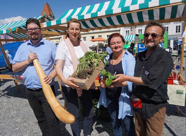 Jürgen Hutterer, Bürgermeisterin Elisabeth Paruta-Teufer und die beiden Stadträte Patricia Winkler und Klaus Fürst-Elmecker (von links) mit regionalen Produkten am "Tag der Sonne".