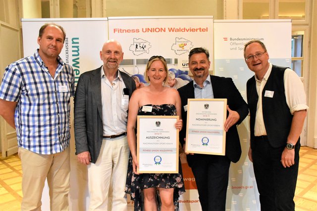 Jörg Meixner und Sepp Hackl vom Bundesumweltamt, Präsidentin der Fitness Union Waldviertel Marina Weissensteiner aus Eichberg, Christian Günter vom Sportministerium und Felix Heckl vom Bundesumweltamt