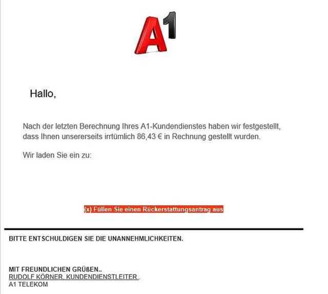Gefakte Nachricht von A1. Damit sollen Ihre Daten ausspioniert werden. | Foto: Foto: Watchlist Internet