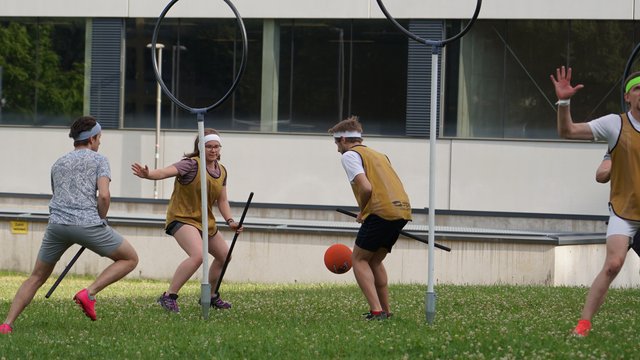 Der orange Ball ist der "Klatscher". Wird man von dem getroffen, ist man kurz raus aus dem Spiel. Dann muss man zurück zu den eigenen Ringen laufen, diese berühren und ist wieder dabei.