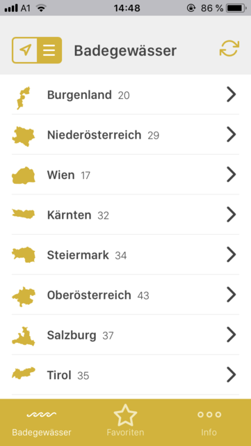 APP-Tipp der Woche: Mit der App AGES Badegewässer-Datenbank lassen sich die aktuellen Messerwerte aller österreichischen Badestellen abrufen | Foto: Screenshot