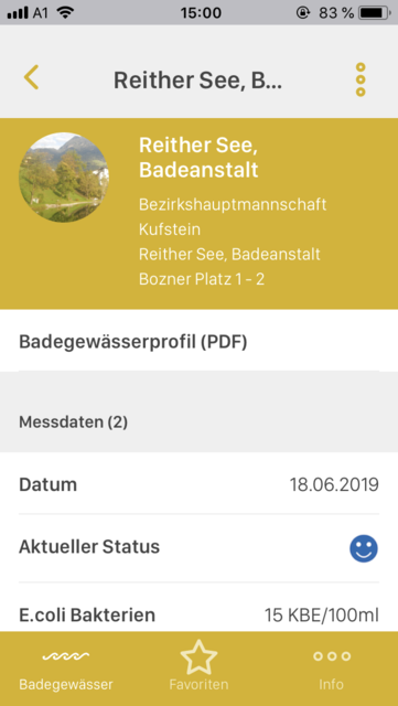 APP-Tipp der Woche: Mit der App AGES Badegewässer-Datenbank lassen sich die aktuellen Messerwerte aller österreichischen Badestellen abrufen | Foto: Screenshot
