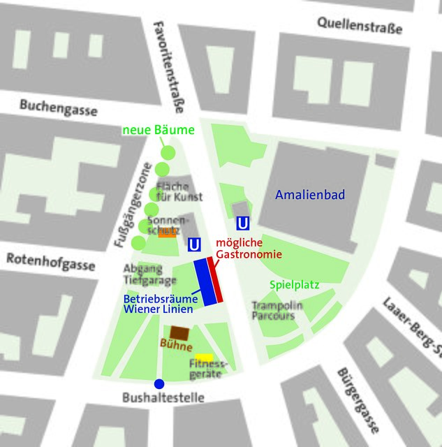 Nach der Umgestaltung gibt’s mehr Platz, um sich auszuruhen, viel Grün und Wasser. | Foto: Plan: APA, Grafik: VHB