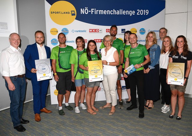 Sportlandesrätin Petra Bohuslav, WKNÖ Vizepräsident Christian Moser, Ecoplus Geschäftsführer Helmut Miernicki mit den Siegerfirmen in der Kategorie "Großunternehmen". | Foto: NLK Reinberger
