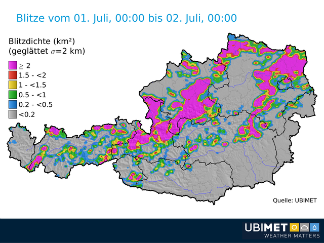 Im ganzen Land wurden insgesamt 86.211 Blitzentladungen detektiert, die meisten davon in Oberösterreich, Niederösterreich und Salzburg.
 | Foto: UBIMET