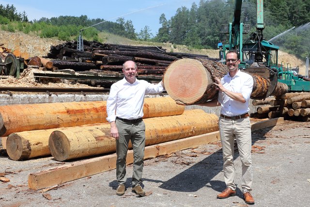 Agrar-Landesrat Max Hiegelsberger und Geschäftsführer Rudolf Ortner am Gelände des Sägewerks Ortner. Die typische rosa Färbung des Douglasien-Stammes ist hier gut erkennbar. | Foto: Land OÖ/Kraml