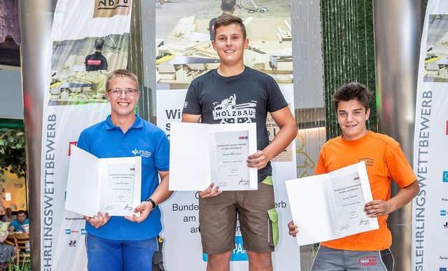 Platz 1 für Philipp Primetzhofer (Mitte) aus Liebenau beim Bundeslehrlingswettbewerb der Zimmerer.

 | Foto: Fischer
