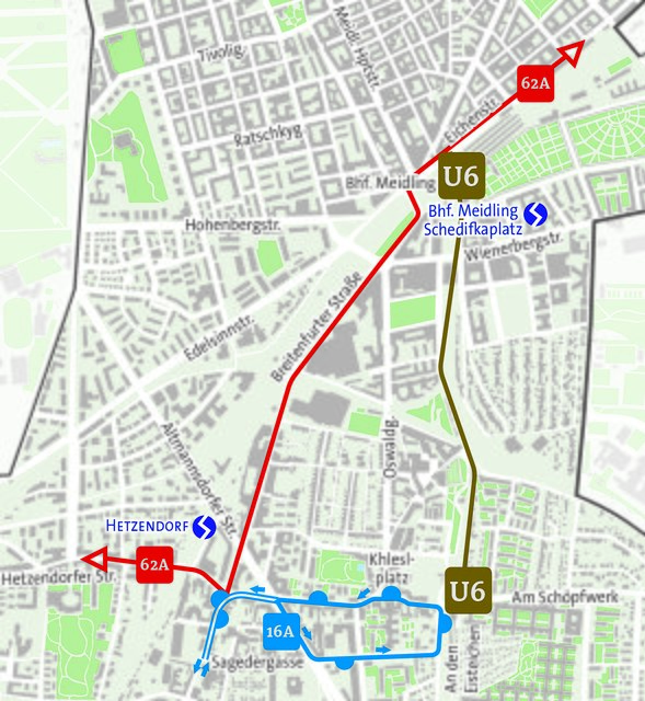 Der Bus 62A (rot) fährt fast ohne Halt Richtung Bahnhof. Ausweichroute wegen Bauarbeiten: 16A (blau) und die U6 (braun).   | Foto: Plan: APA, Grafik: Diewald