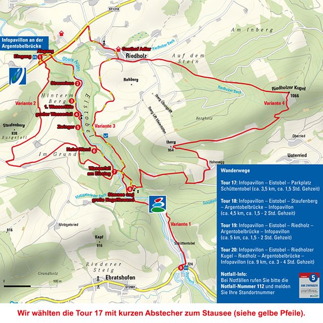 Wanderkarte der Routenvarianten. Wir wählten die kurze Route 17 bis zur Station 8 und gingen auf der Route 19 ab Station 7 und über Riedholz zum Auto zurück. Für die 5 km lange Strecke benötigten wir bis zum Gasthof Adler 3,5 Stunden. Wegen dem Fotografieren benötigten wir fast die doppelte Zeit eines durchschnittlich guten Wanderers!  | Foto: © Karte vom Prospekt der Fördergemeinschaft und von mir ergänzend beschriftet.by Ing. Günter Kramarcsik